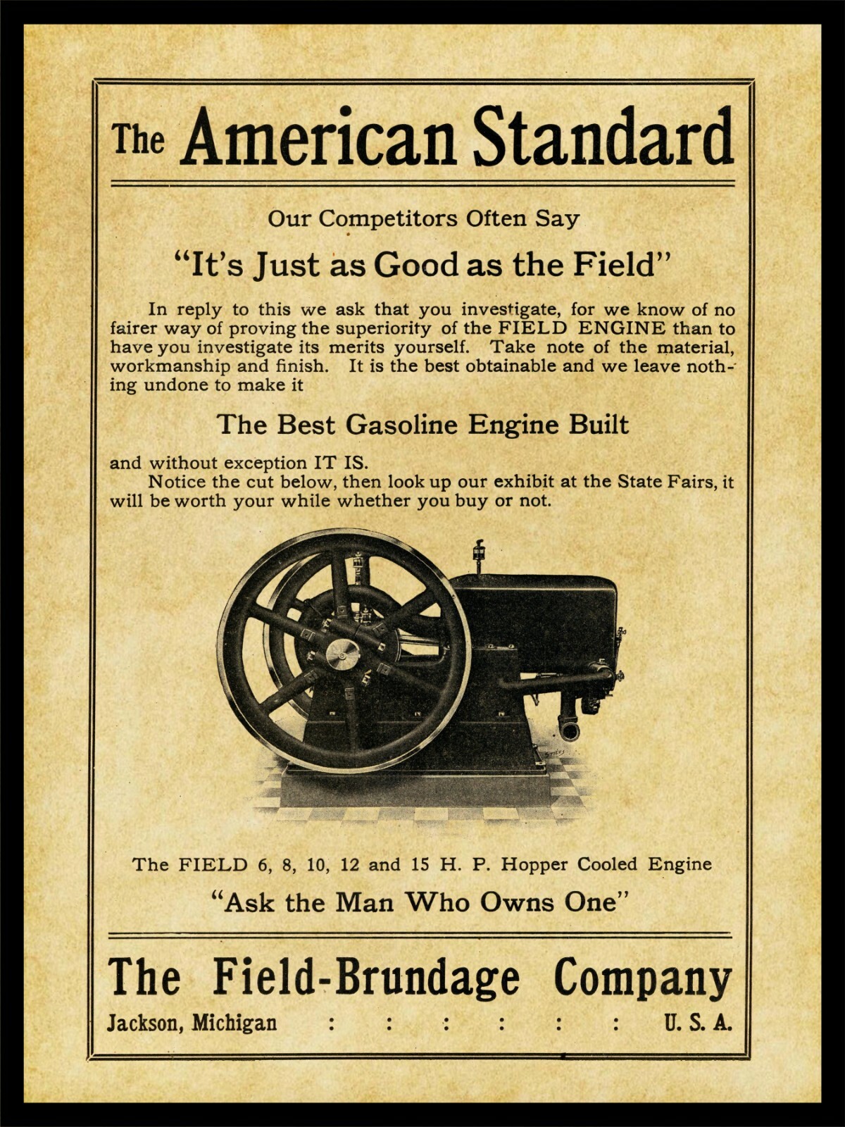 1910 Field Brundage Hopper Cooled Gas Engines NEW Metal Sign: Jackson, Michigan