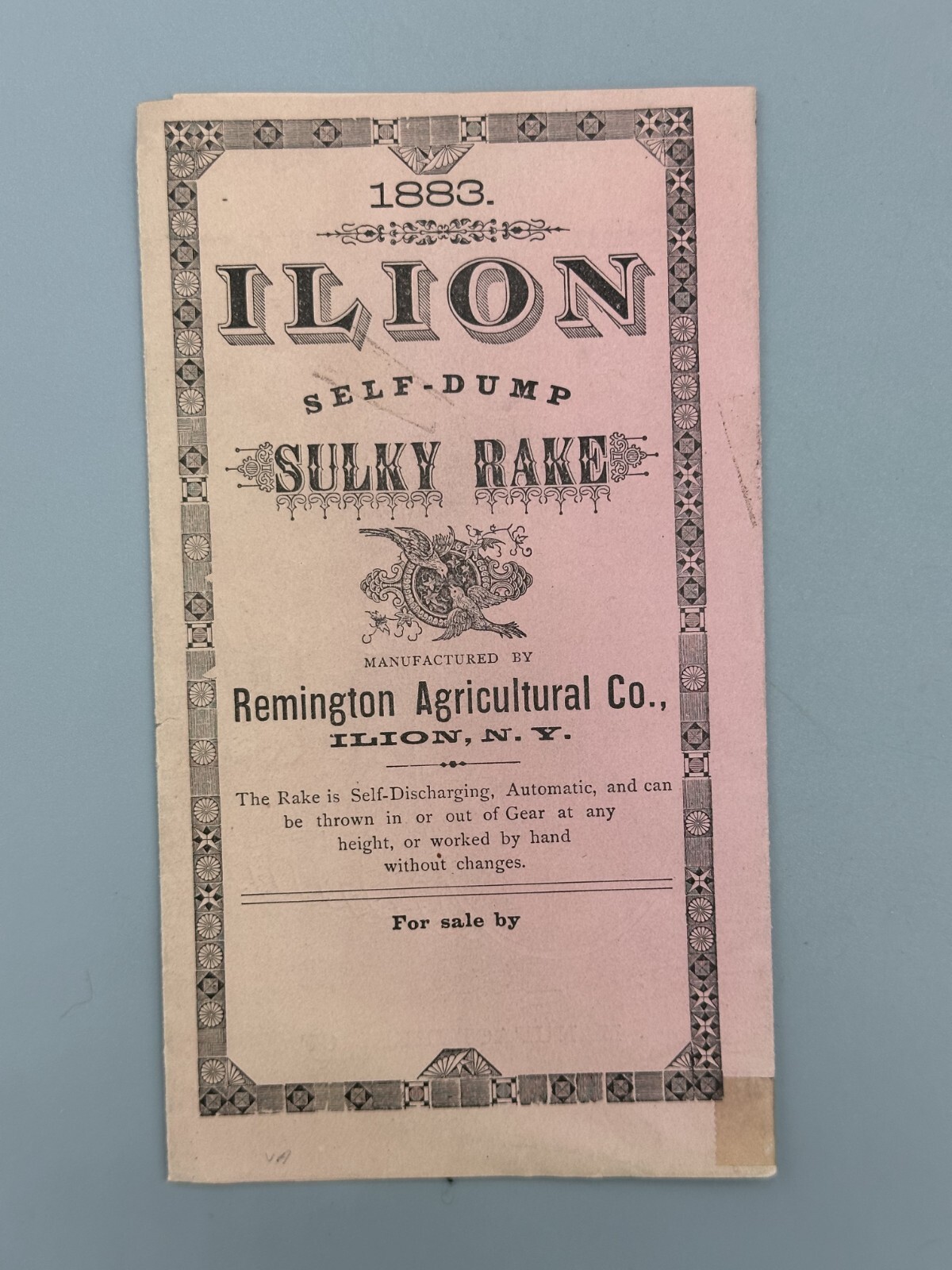 1883 REMINGTON Arms AGRICULTURAL Farm Advertising ILION Sulky Rake NY