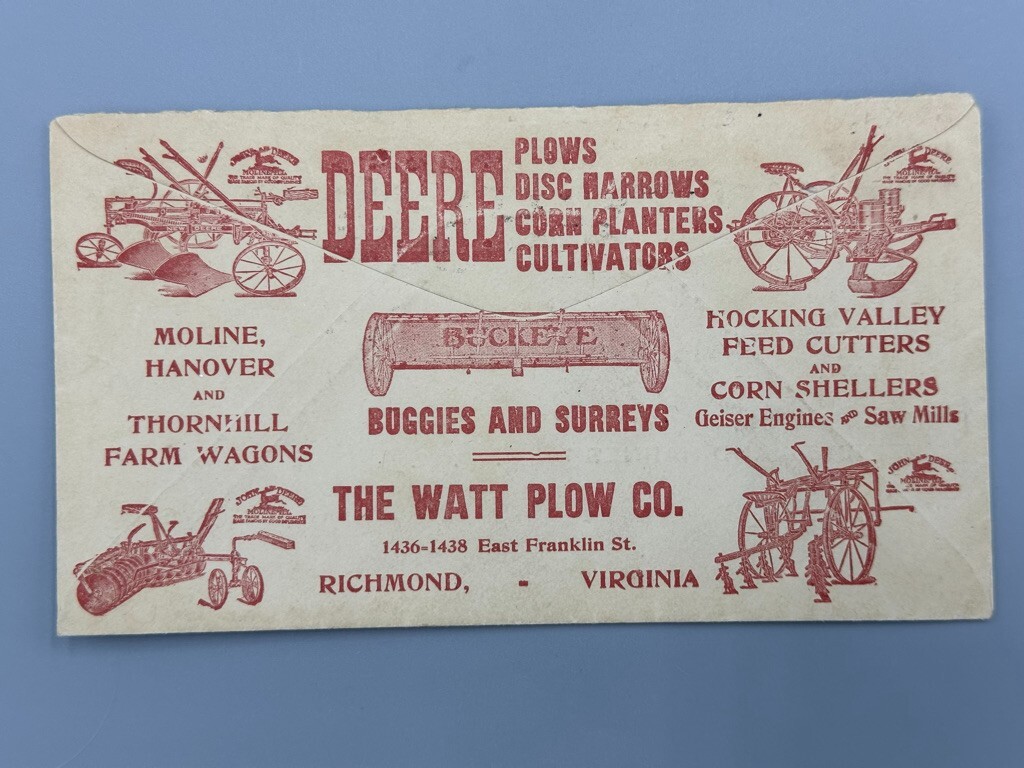 1917 JOHN DEERE Postal Cover HANOVER WAGON Farm Advertise WATT PLOW Richmond VA