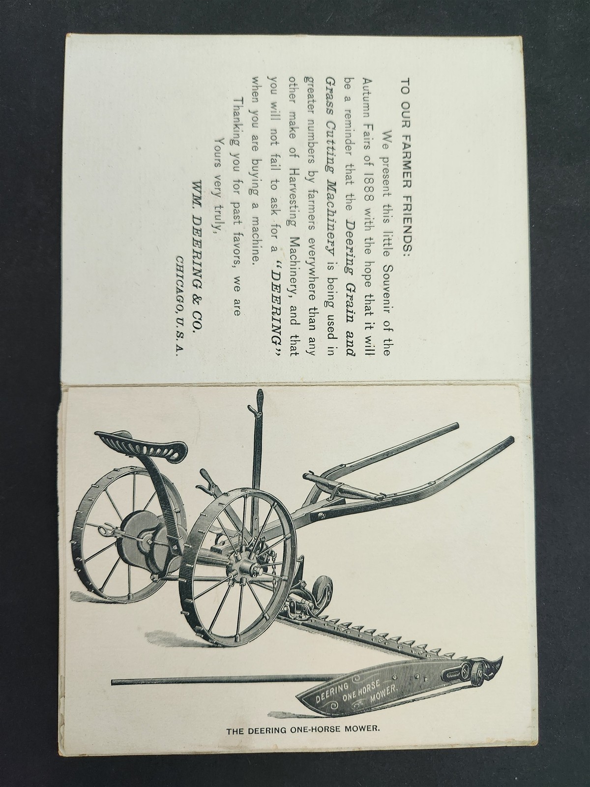 1888 antique Wm DEERING & Co chicago il AD SOUVENIR Brochure Harvest Machinery