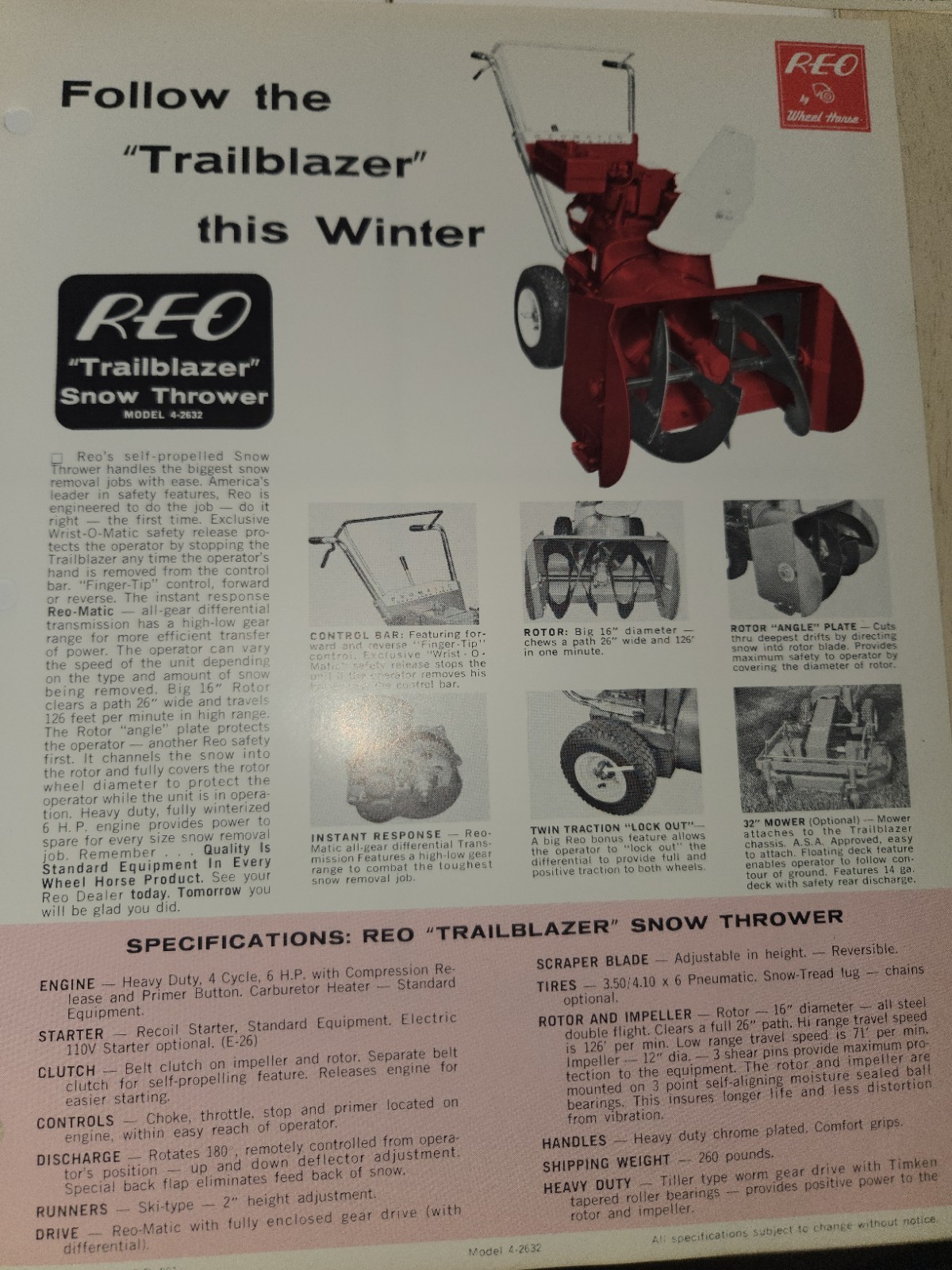 1960s REO WHEEL HORSE TRAILBLAZER SNOW THROWER DEALER AD WITH SPECIFICATIONS