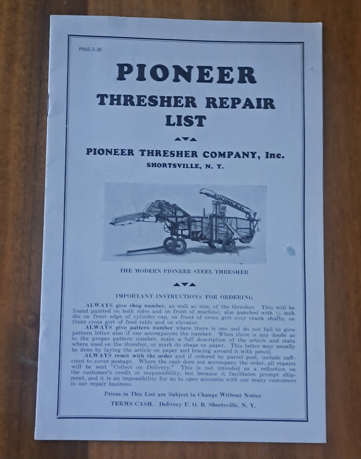 Pioneer Thresher Repair List. P865-3-36
