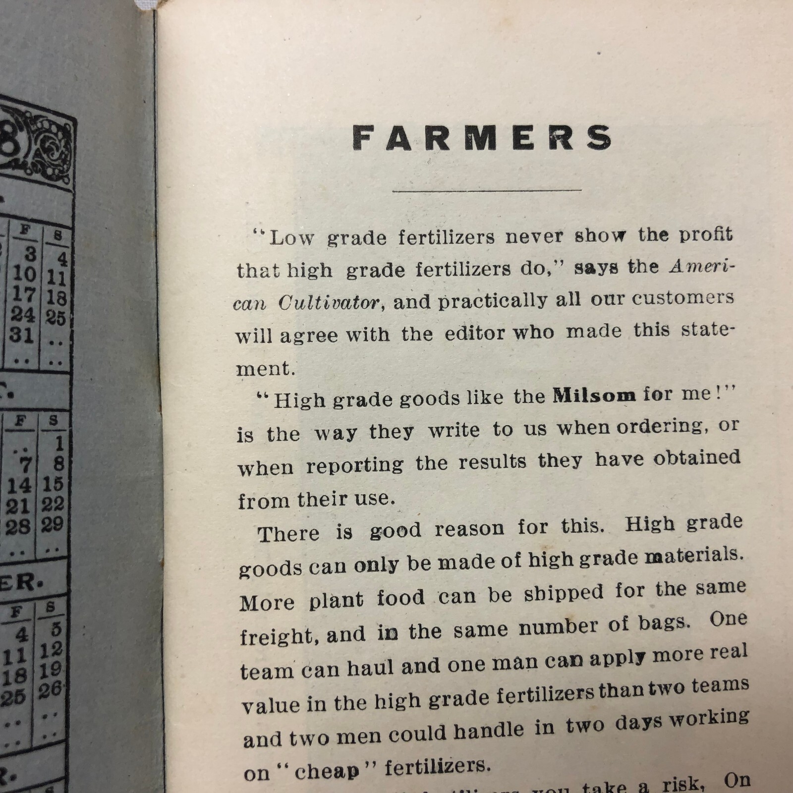 Vintage 1908 The Milsom Fertilizers Cleveland Ohio Pocket Calendar
