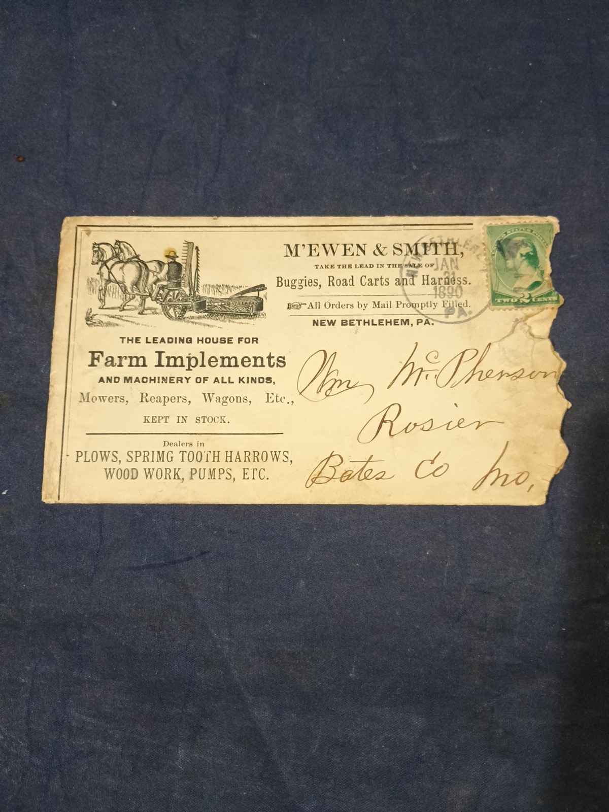 Vintage 1890 M&rsquo;EMEN & SMITH Farm Implements,Letter & Envelope