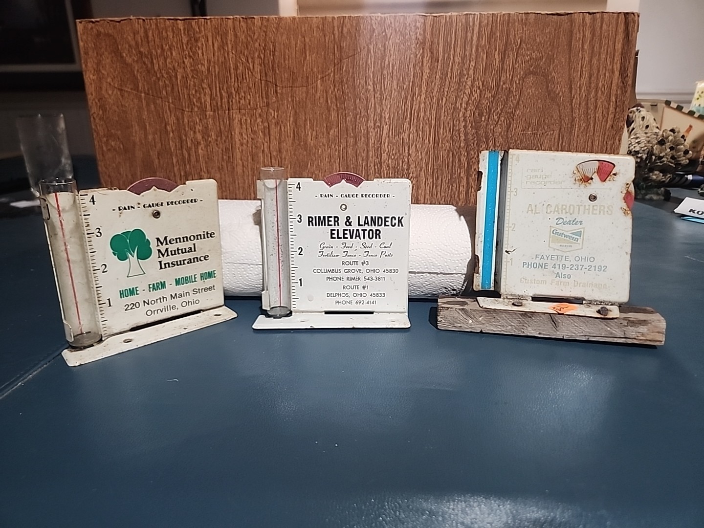 3 Rain Guage Recorders Farm Grain Feed Seed Insurance Supply Advertising Vint.