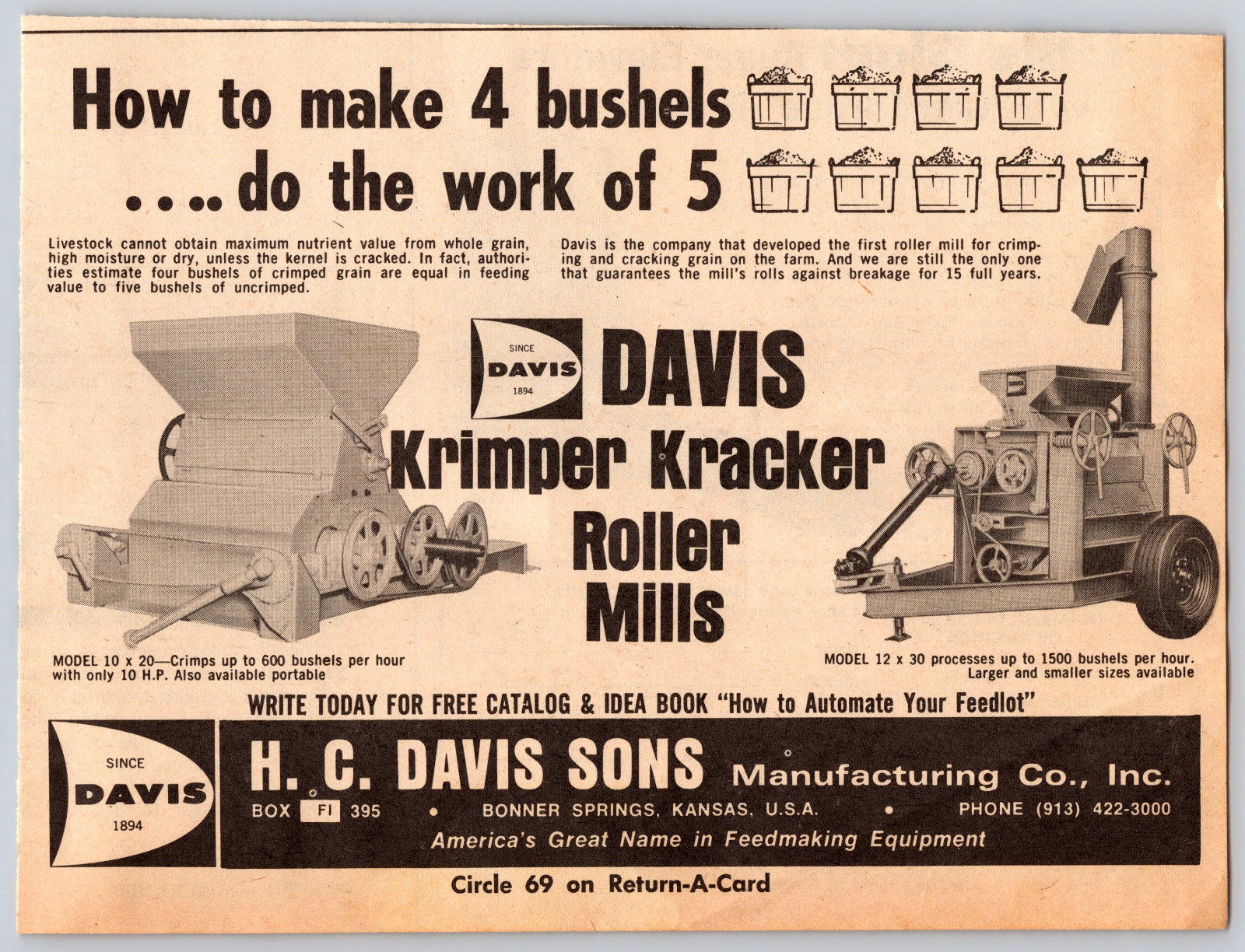 1973 Print Ad H.C Davis & Sons Bonner Springs Kansas Krimper Kracker Roller Mill