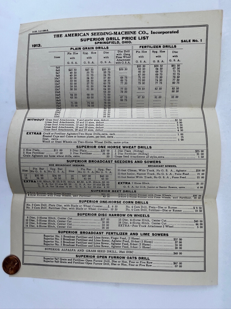 1913 American Seeding Machine Co. Price List Springfield OH Superior Drill