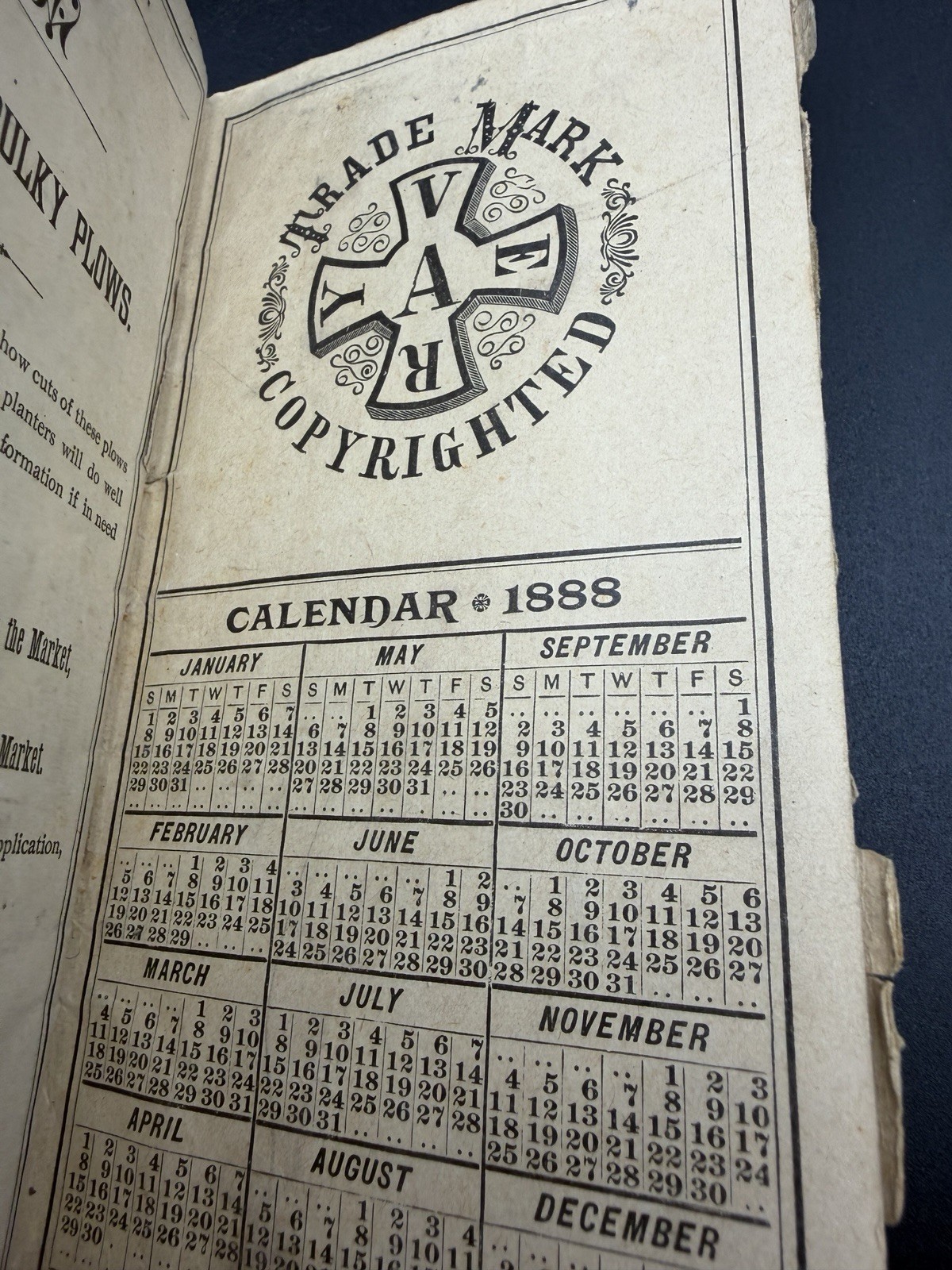 1888 B.F. Avery & Sons Genuine Avery Plow Pocket Calendar Memo Book Farm Ad
