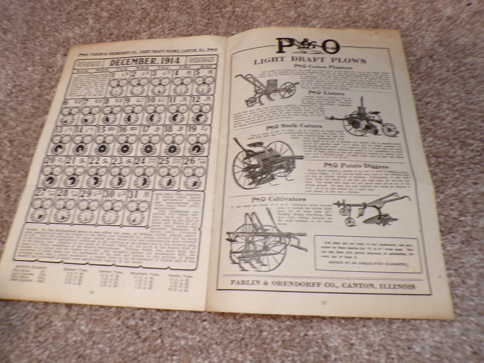 1914 P&O Parlin & Orendorff Draft Plows Moonlight Calendar Catalog Brochure