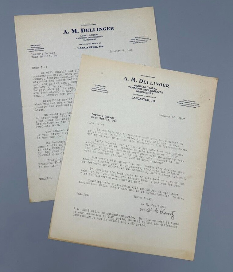 1927 LANCASTER PA Dellinger FARM IMPLEMENTS Agricultural Advertising Letters