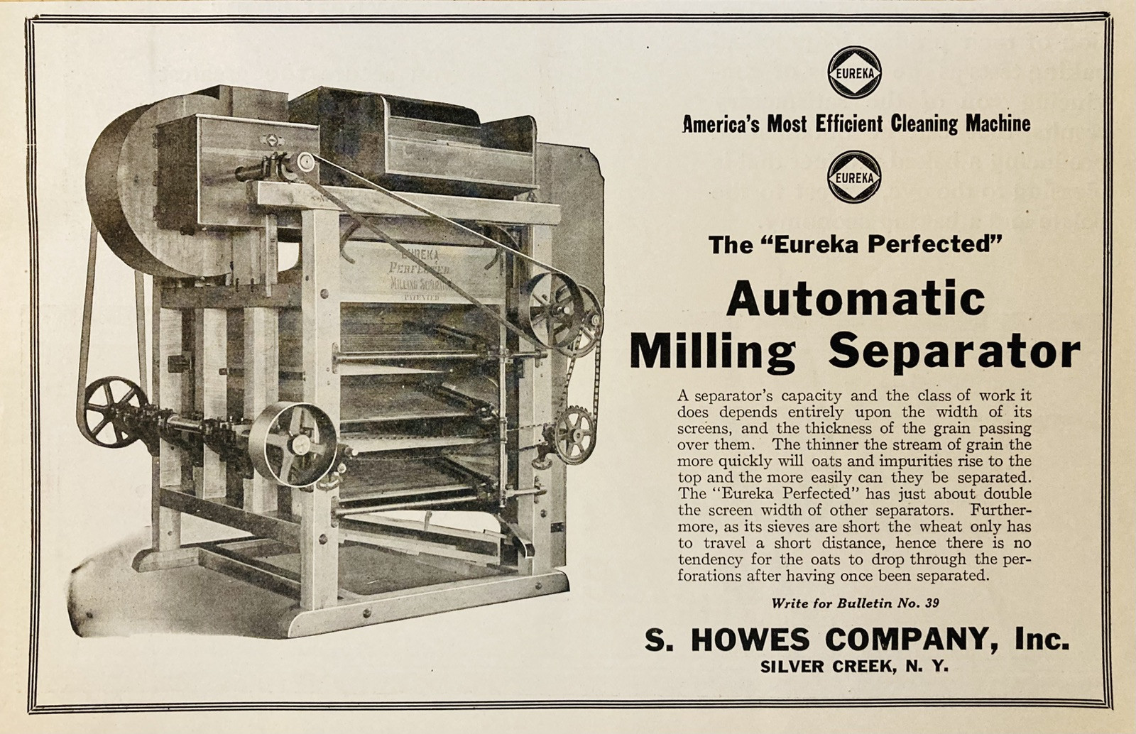 1919 AD.(PC1)~S. HOWES CO. SILVER CREEK, NY. “EUREKA” MILLING SEPARATOR