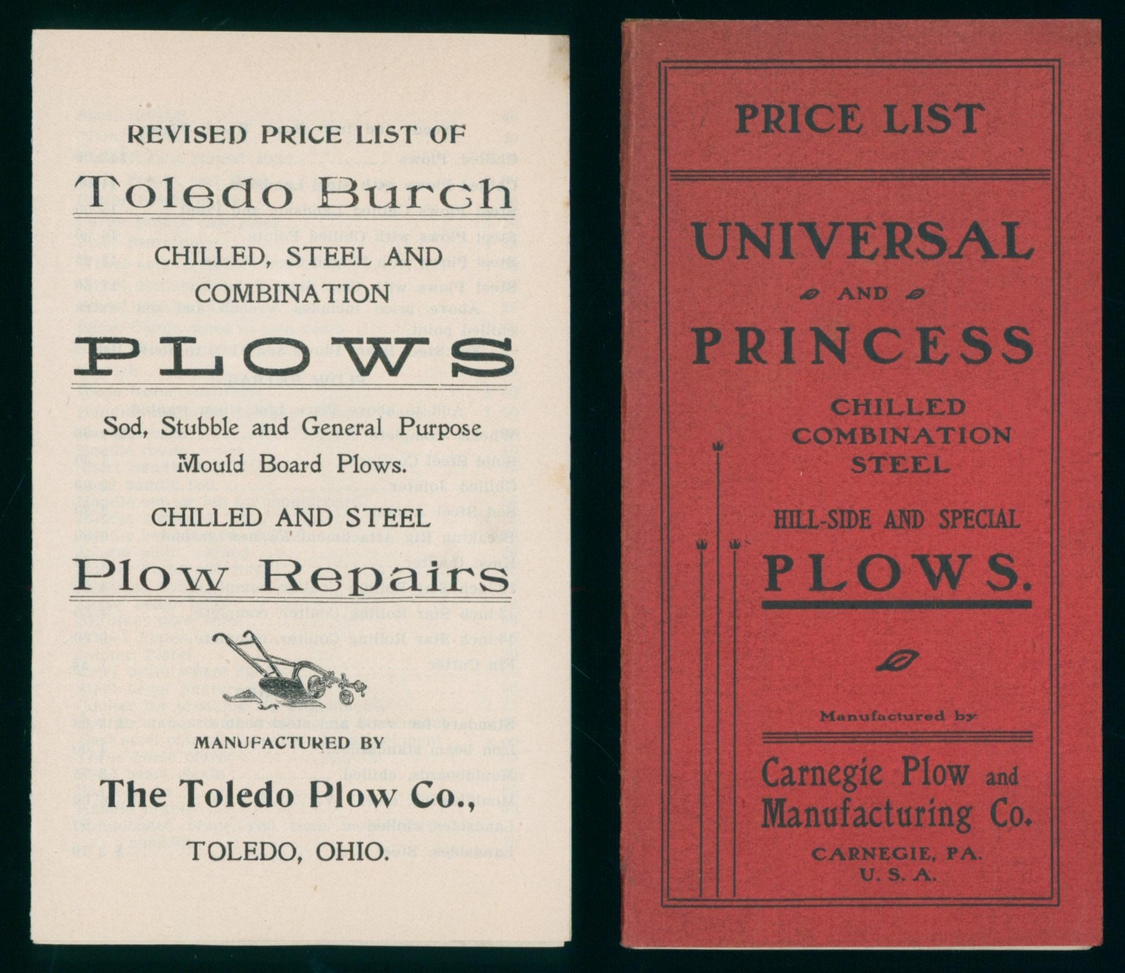1909 Toledo Burch Carnegie Universal Princess Plow Dealer Price List Pair