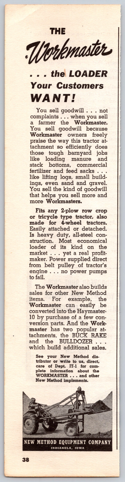 1947 Print Ad New Method Equipment Co Indianola Iowa Workmaster Loader Customers