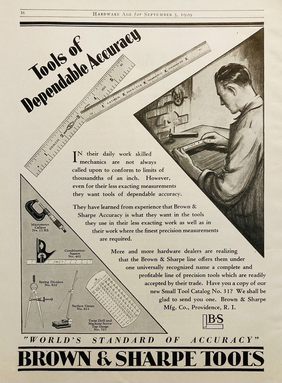 1929 AD.(XH83)~BROWN & SHARPE MFG. CO. PROV., RI. “TOOLS OF DEPENDABLE ACCURACY”