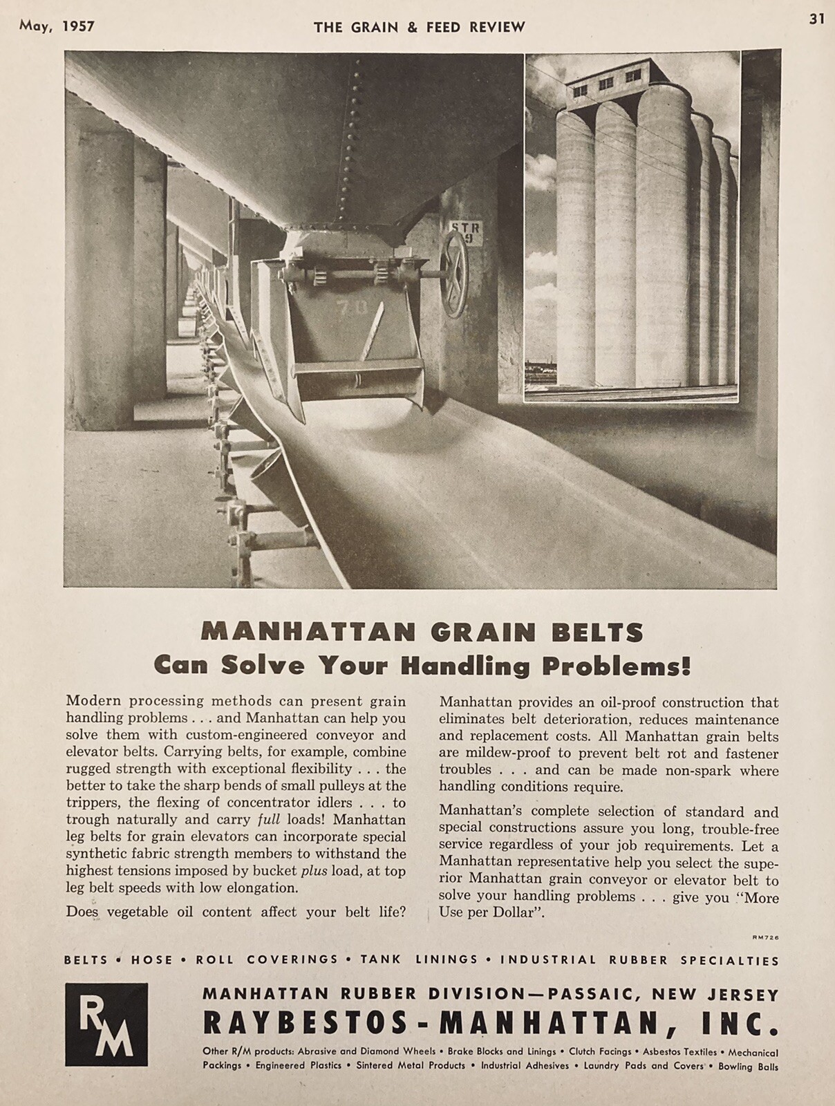 1957 AD(XH53)~RAYBESTOS-MANHATTAN, INC. PASSAIC, NJ. MANHATTAN GRAIN BELTS