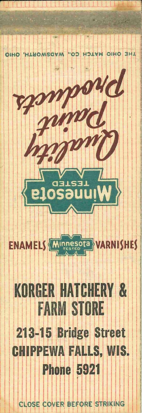 Matchbook Cover Minnesota Paint Kroger Hatchery and Farm Store Chippewa Falls WI