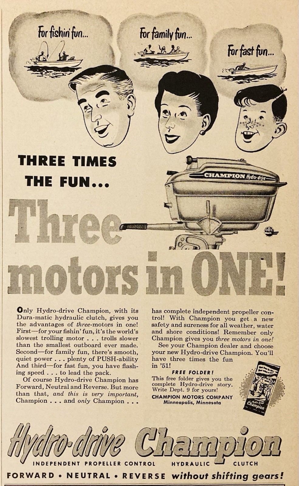 1951 AD.(PC6)~CHAMPION MOTORS CO. MINNEAPOLIS, MINN. HYDRO-DRIVE OUTBOARD MOTOR