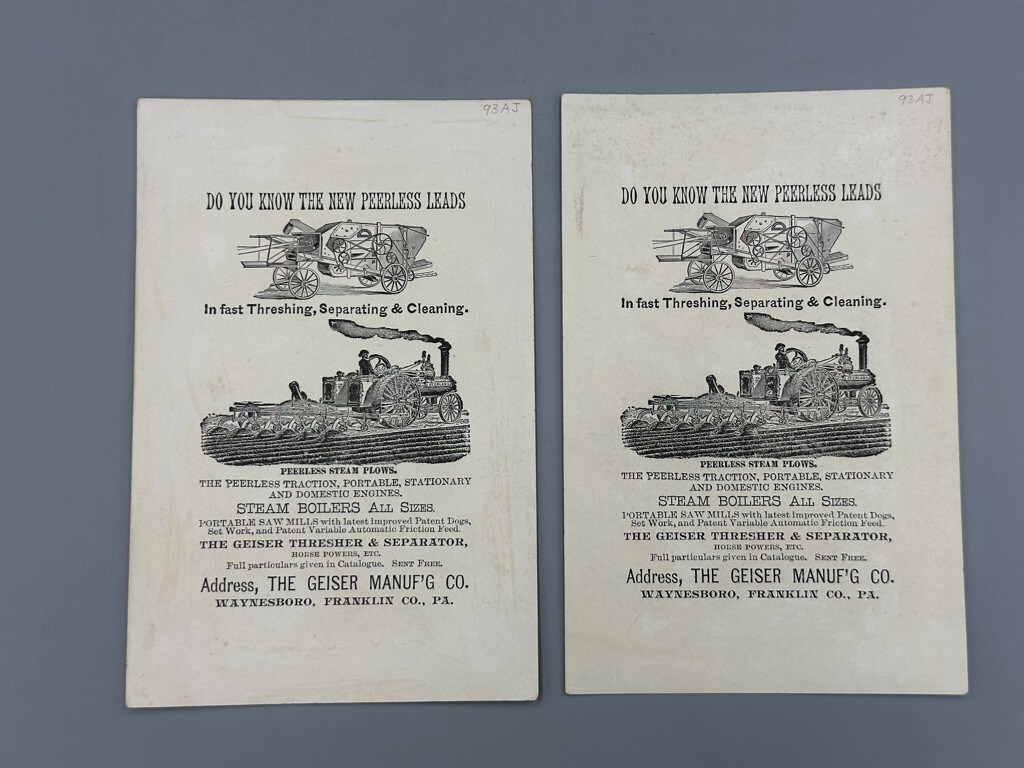 1880s PEERLESS STEAM ENGINE Geiser THRESHER Farm Advertise Trade Card WAYNESBORO