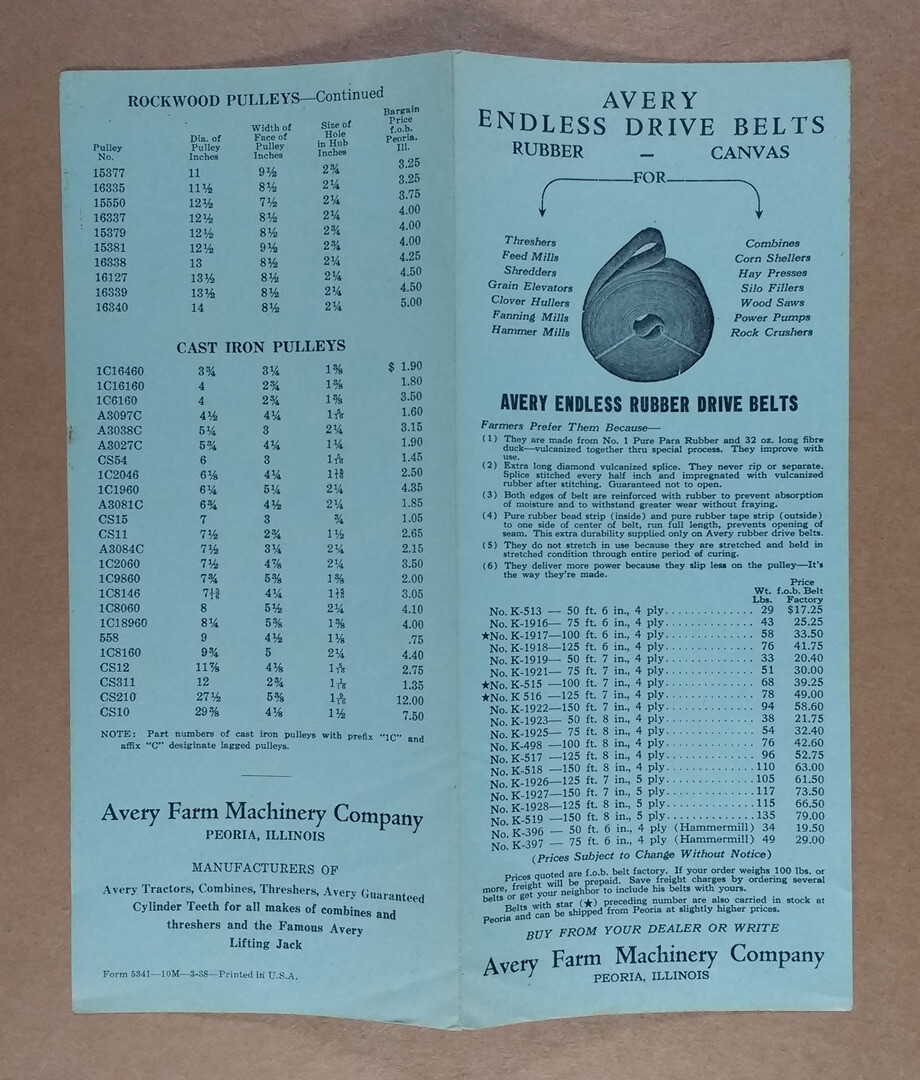 vintage 1938 AVERY Farm Machinery Endless Drive Belts & Pulleys Price List