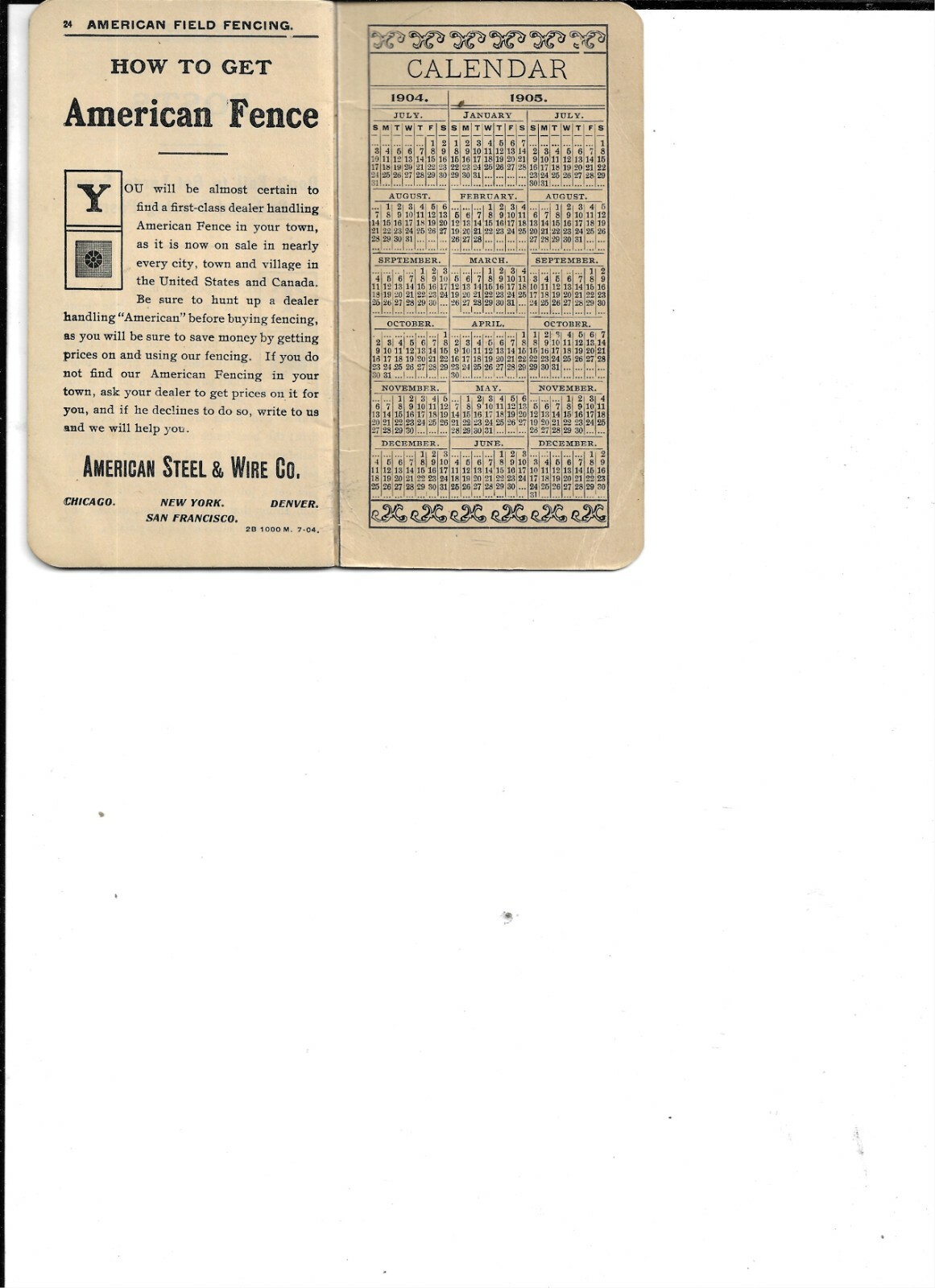 AMERICAN FIEID & HOG FENCE MEMO BOOK INCLUDING 1904 & 1905 CLENDAR