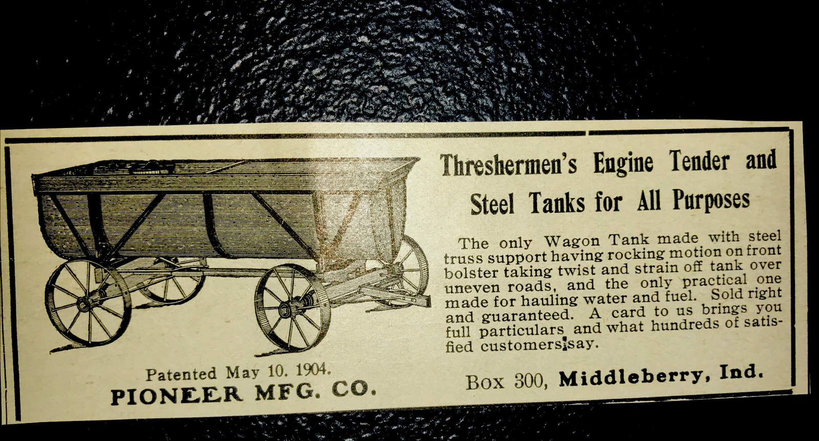1907 Pioneer Threshermen Engine Tender Farm Advertising – Middleberry – Indiana