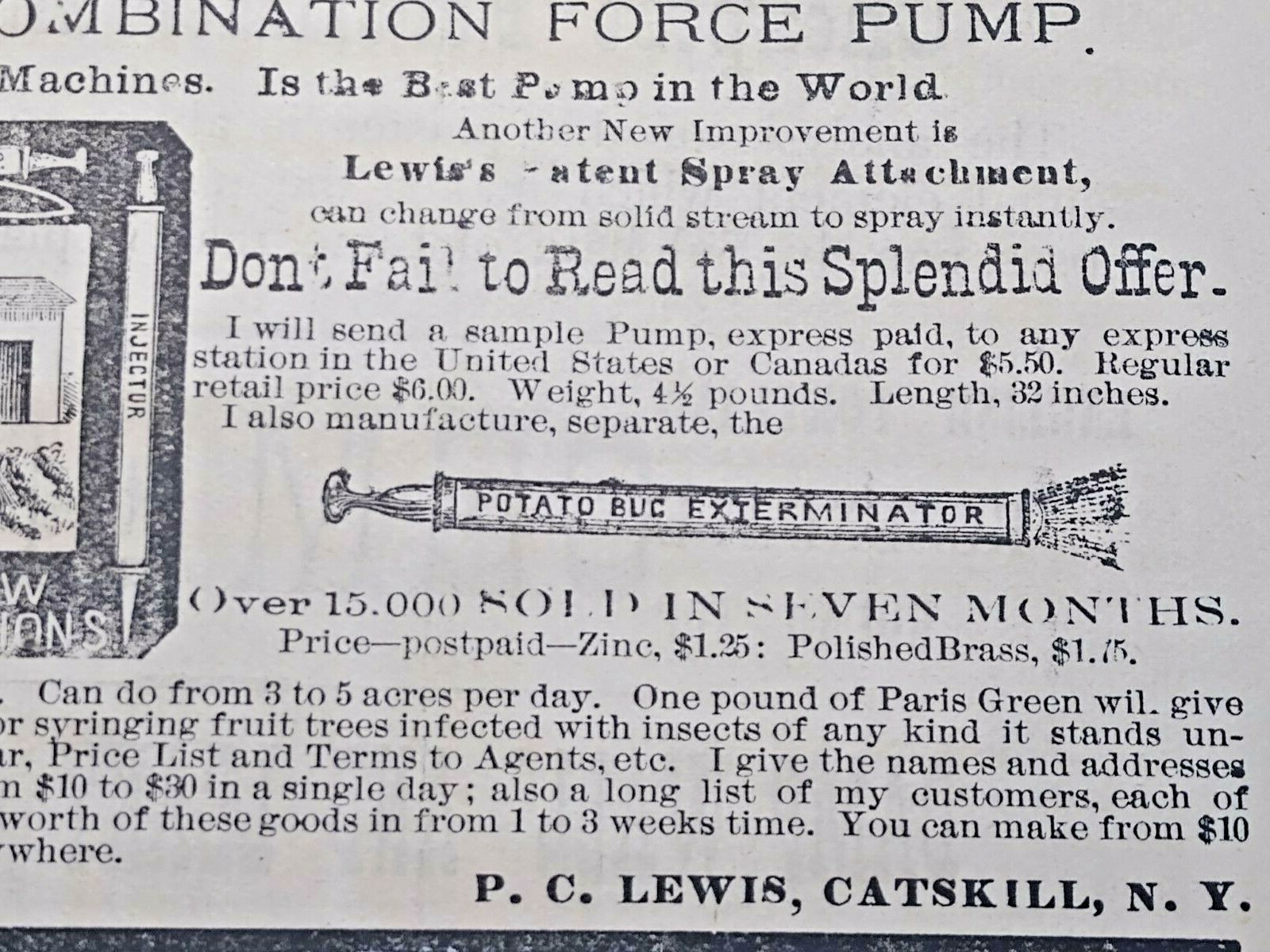 Catskill New York Vintage Print Ad P.C. LEWIS&rsquo;S COMBINATION FORCE PUMP 1881