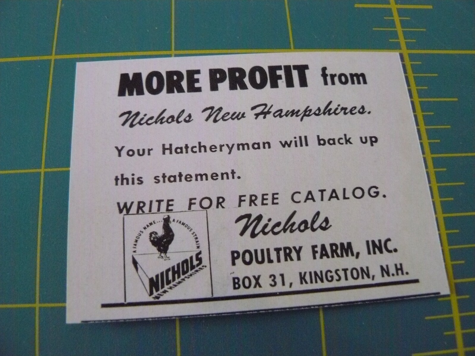 The FARM QUARTERLY -AD -SPRING 1951- Three (3)NICHOLS POULTRY FARM /KINGSTON, NH