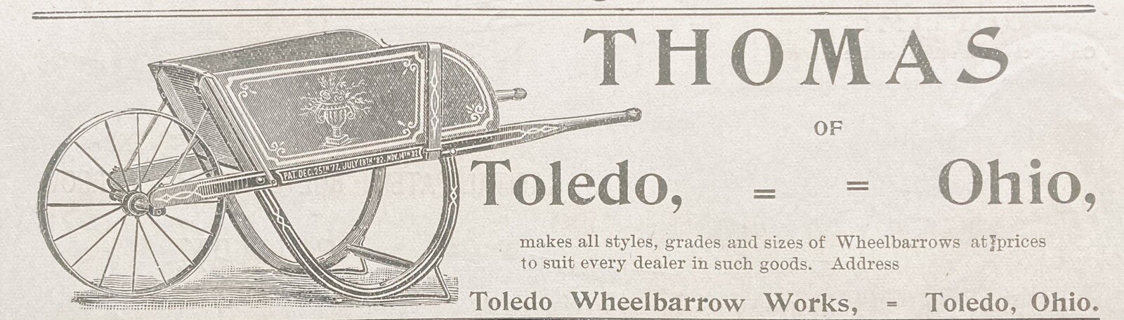 1888 AD.(XH7)~TOLEDO WHEELBARROW WORKS, TOLEDO, OHIO. THOMAS WHEELBARROW