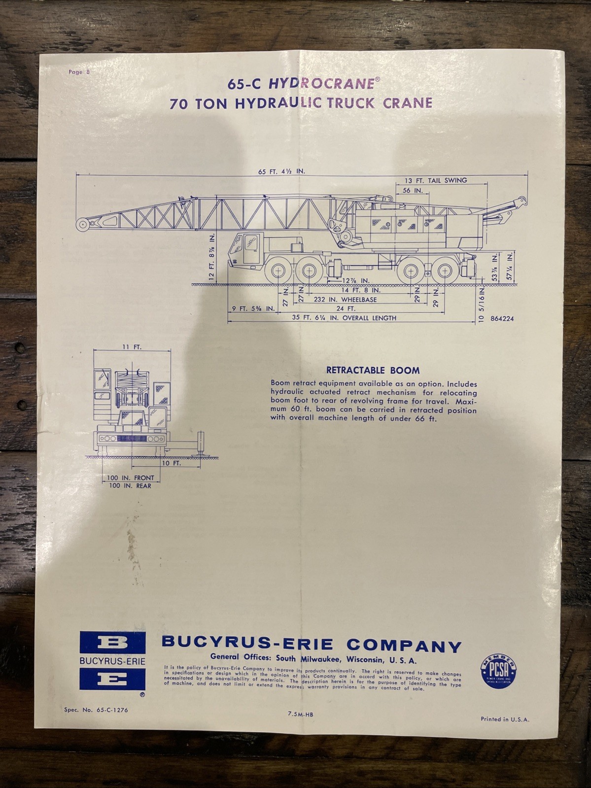 Bucyrus-Erie 65-C Hydrocrane 70 Ton Hydraulic Truck Crane Specifications