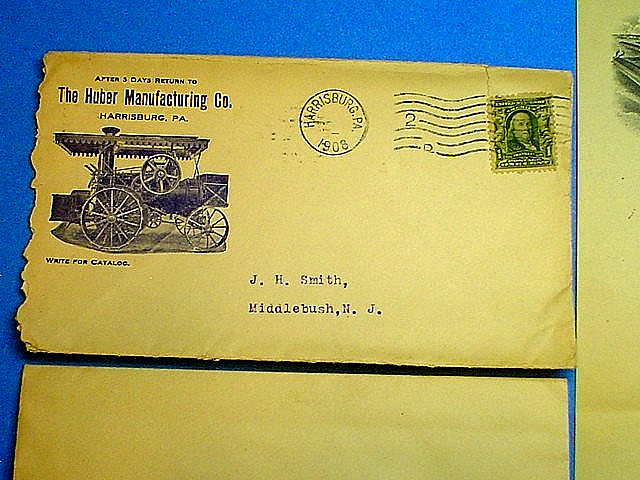ANTIQUE 1908 HUBER MFG CO. TRACTORS THRESHERS LETTERHEAD LETTER W/COVER & REPLY