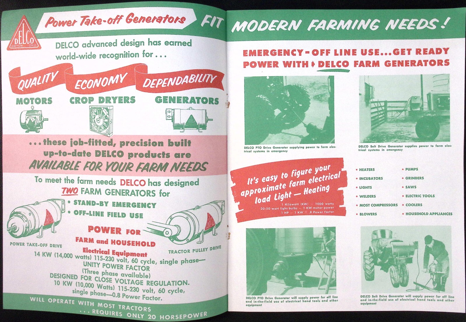 1956 Farm Power Take Off Generators DELCO General Motors Corp Dayton OH