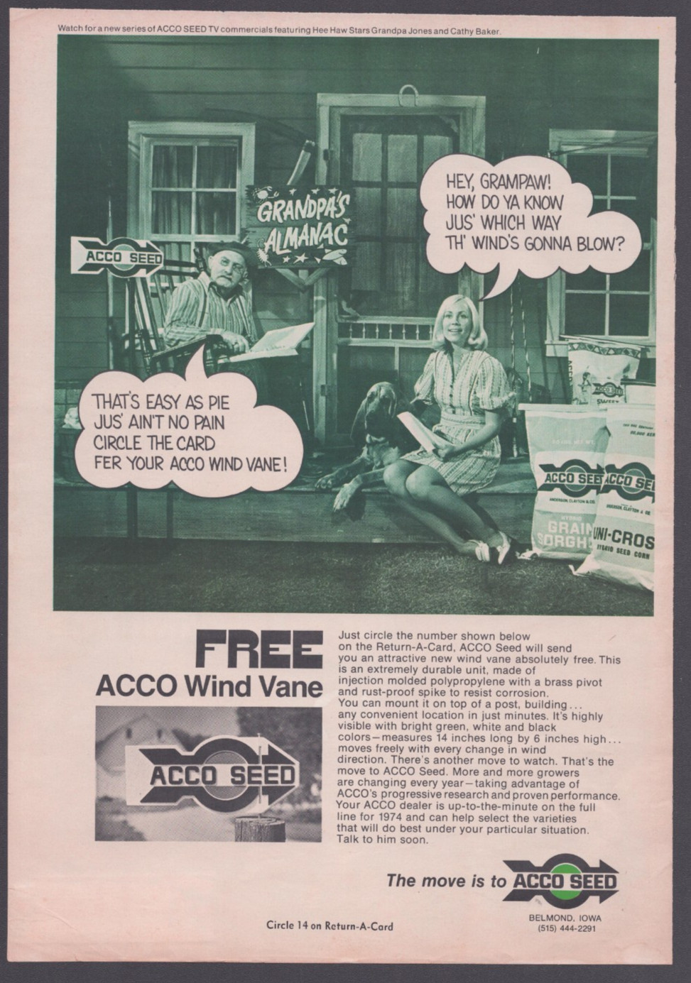 1973 Print Ad Acco Seed Wind Vane Offer Hee-Haw Grandpa&rsquo;s Almanac Bloodhound