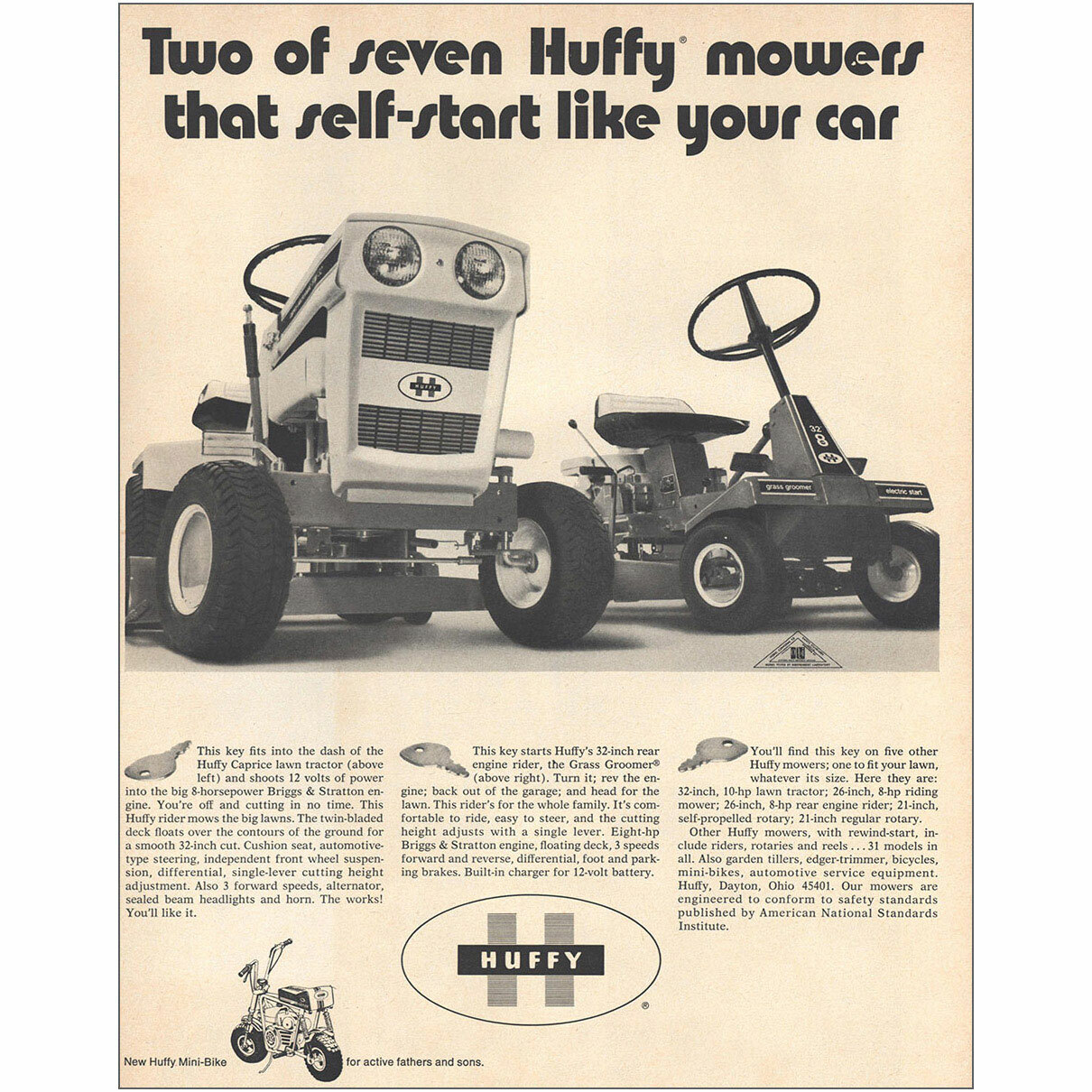 1971 Huffy Mowers: Self Start Like Your Car Vintage Print Ad