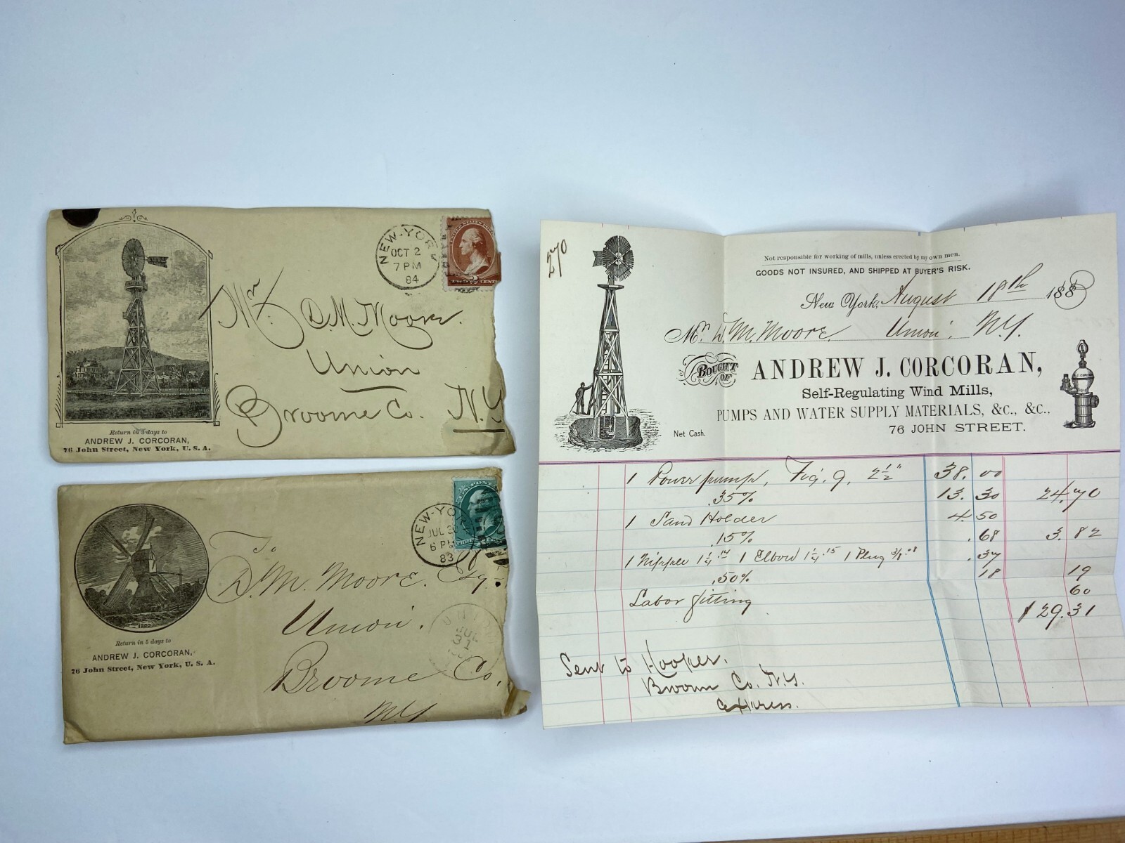RARE ARCHIVE Letters EPHEMERA Billheads etc – Andrew Corcoran Wind Mills NY 1883