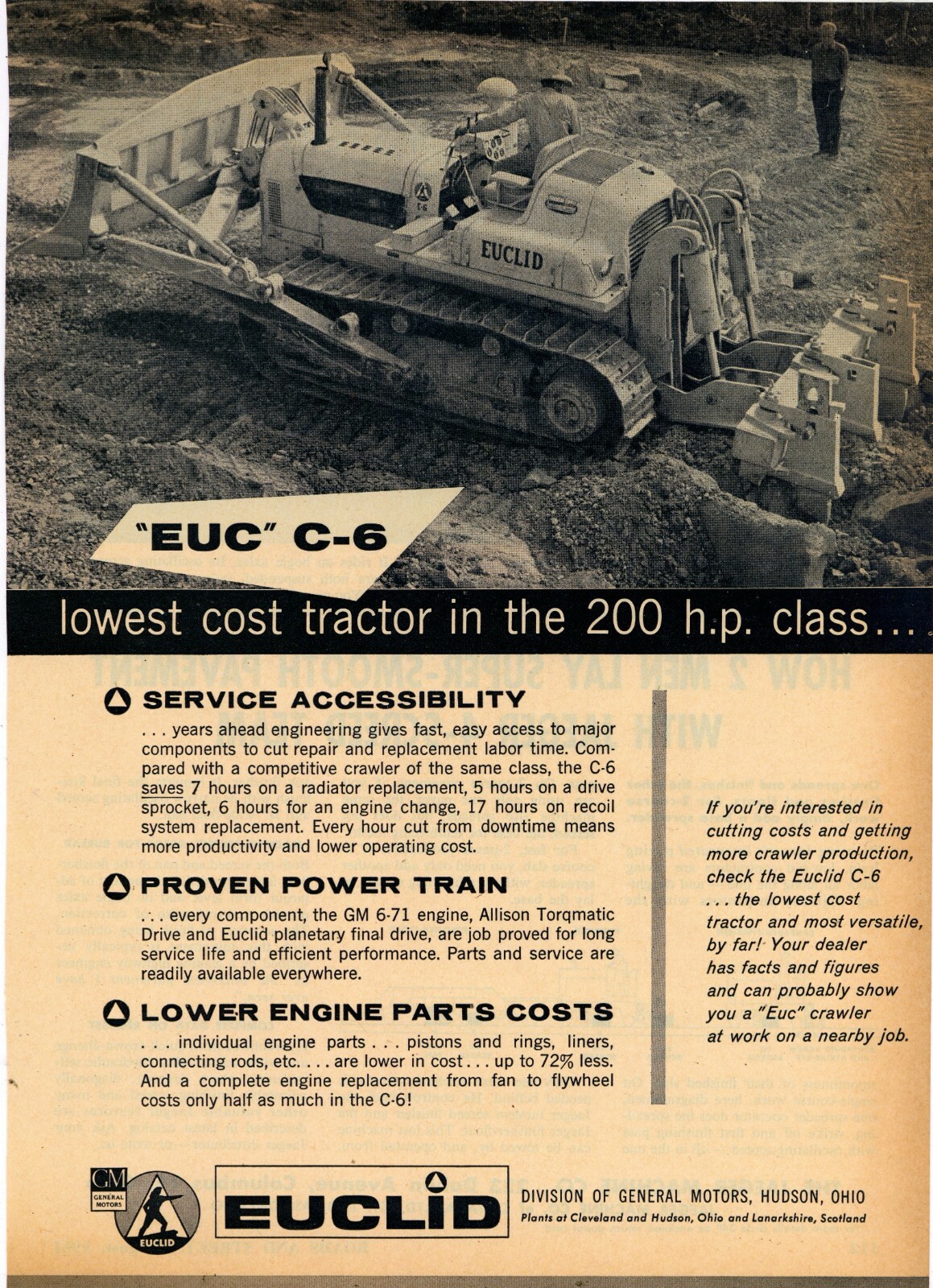 1961 Euclid C-6 Crawler Tractor Ad: GM 6-71 Engine, Allison Torqmatic Trans.