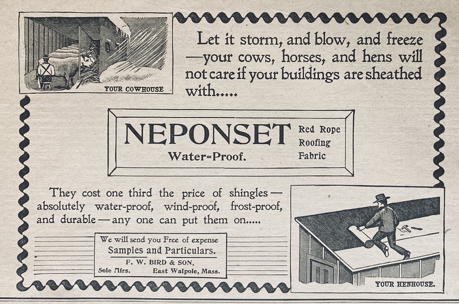 1896 AD.(XH45)~F.W. BIRD CO. EAST WALPOLE, MASS. NEPONSET WATER PROOF FABRIC