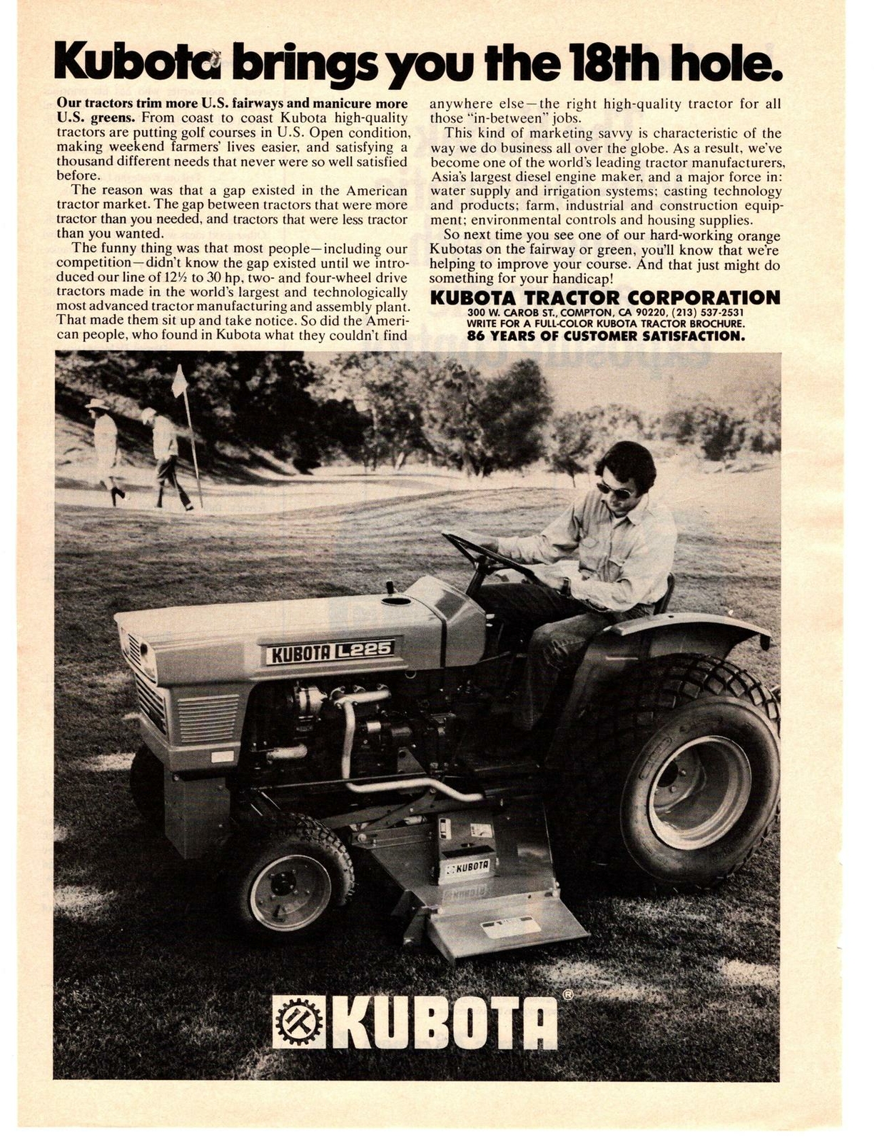 1976 Kubota Tractor L225 3 Cylinder Diesel Compton CA Golf Course Green Print Ad
