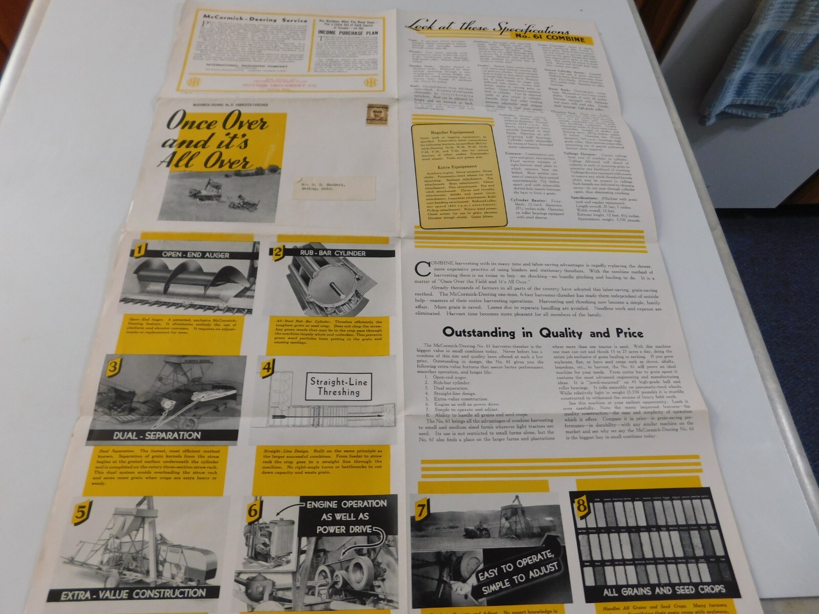 McCORMICK DEERING NO. 61 COMBINE THRESHER SALES BROCHURE FOLDOUT GERING NEBRASKA