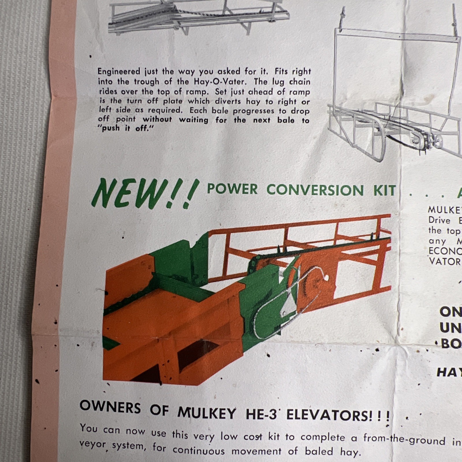 The Mulkey Hay-O-Vater 1960 Brochure 1 Page Folded Bale Elevator Vintage