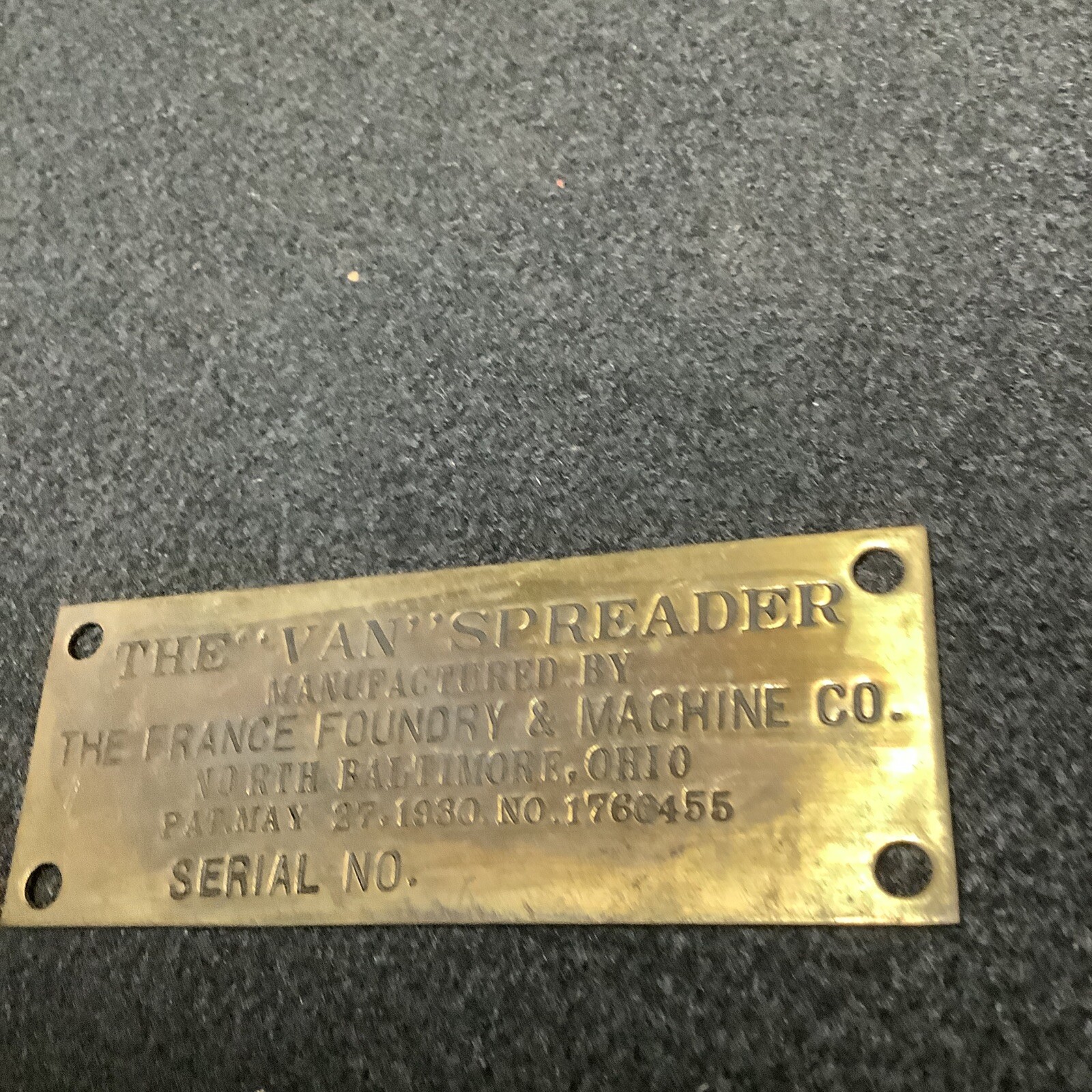 The “Van” Spreader France Foundry Brass Tag North Baltimore,Ohio NOS (ST223)