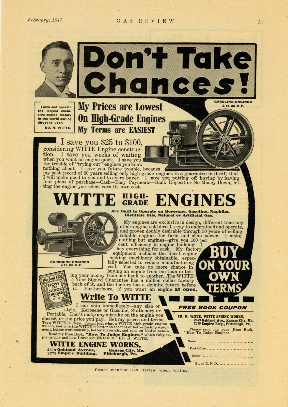 1917 Witte Engine Works Ad: Kerosene & Gasoline Engine Pics – Kansas City, MO