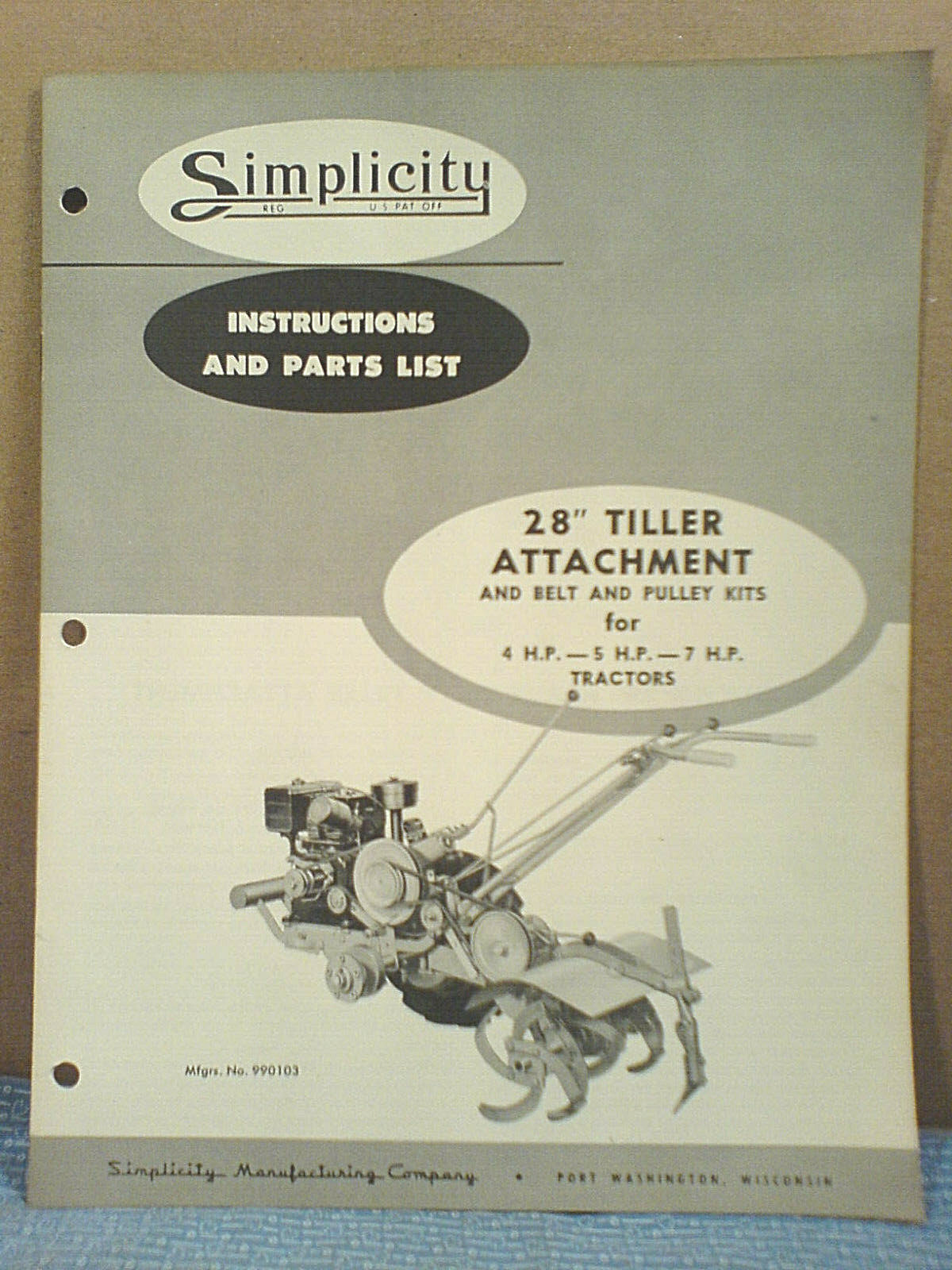 SIMPLICITY WALKING TRACTOR 990103 28&Prime; TILLER OPERATOR, ASSEMBLY, & PARTS MANUAL