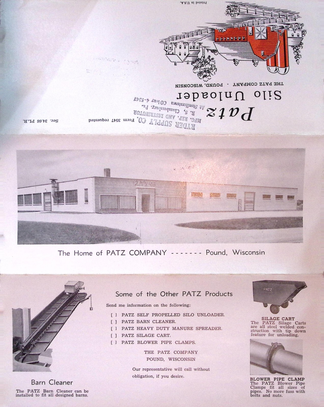 Patz Silo Unloader Advertising Mailing Farming Equipment The Patz Co. Wisconsin