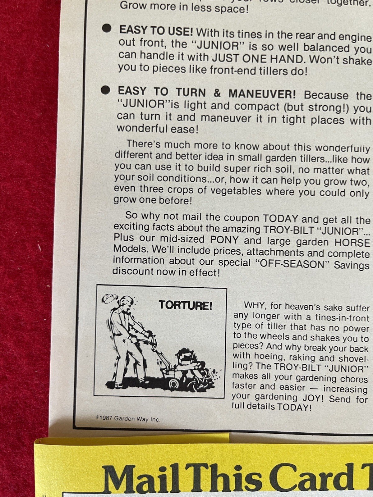 Vintage 1987 Troy Bilt 3 1/2 HP JR Tiller Print Ad
