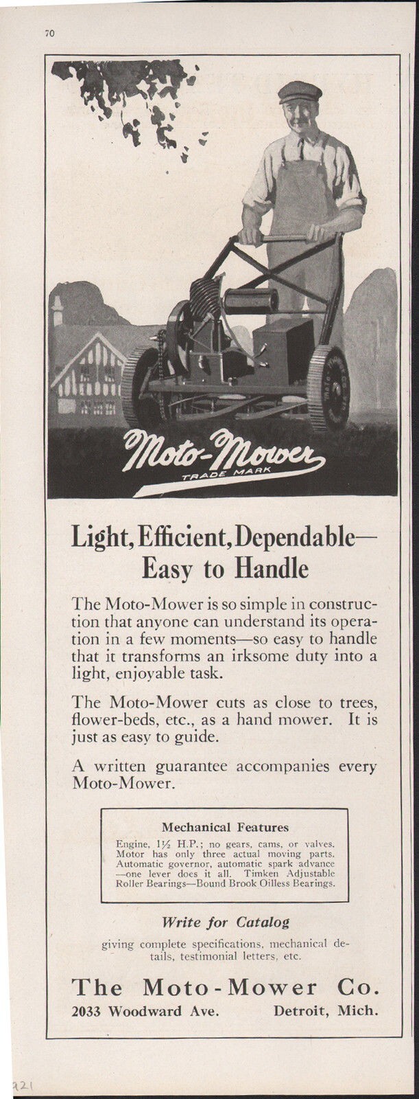 1921 MOTO MOWER LAWN GRASS GARDNER MOTOR ENGINE PUSH POWER DETROIT MI 20208