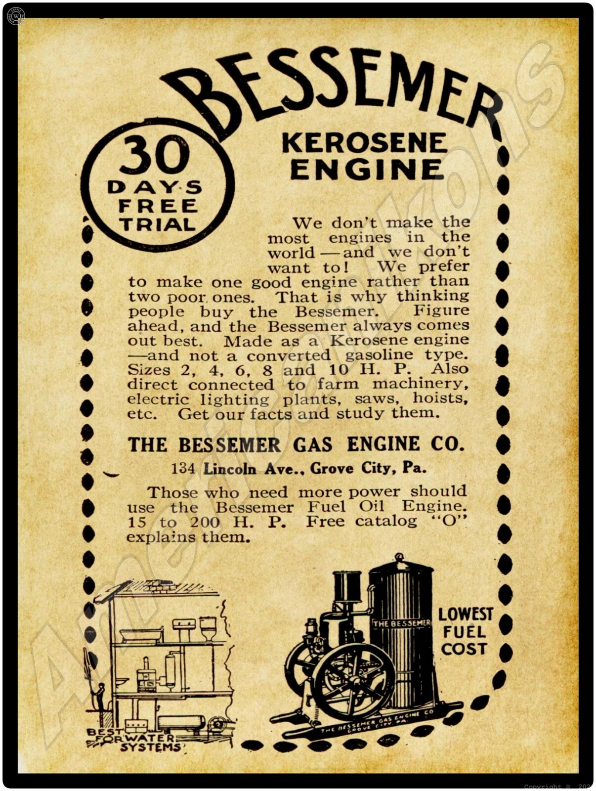 1916 Bessemer Gas Engines of Grove City, Pennsylvania New Metal Sign: Large Size