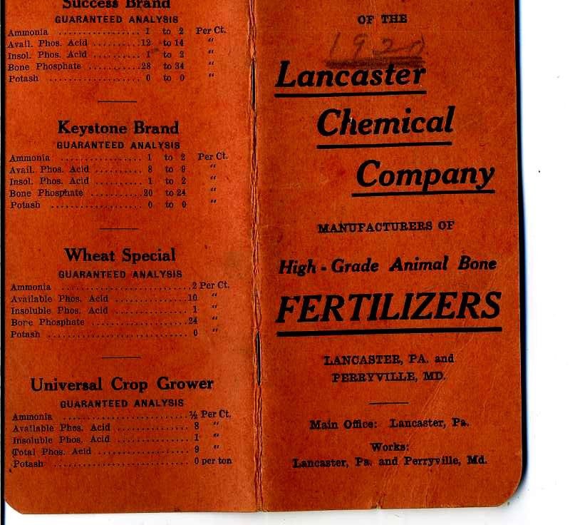 1920 vintage lancaster pa CHEMICAL COMPANY FERTILIZERS