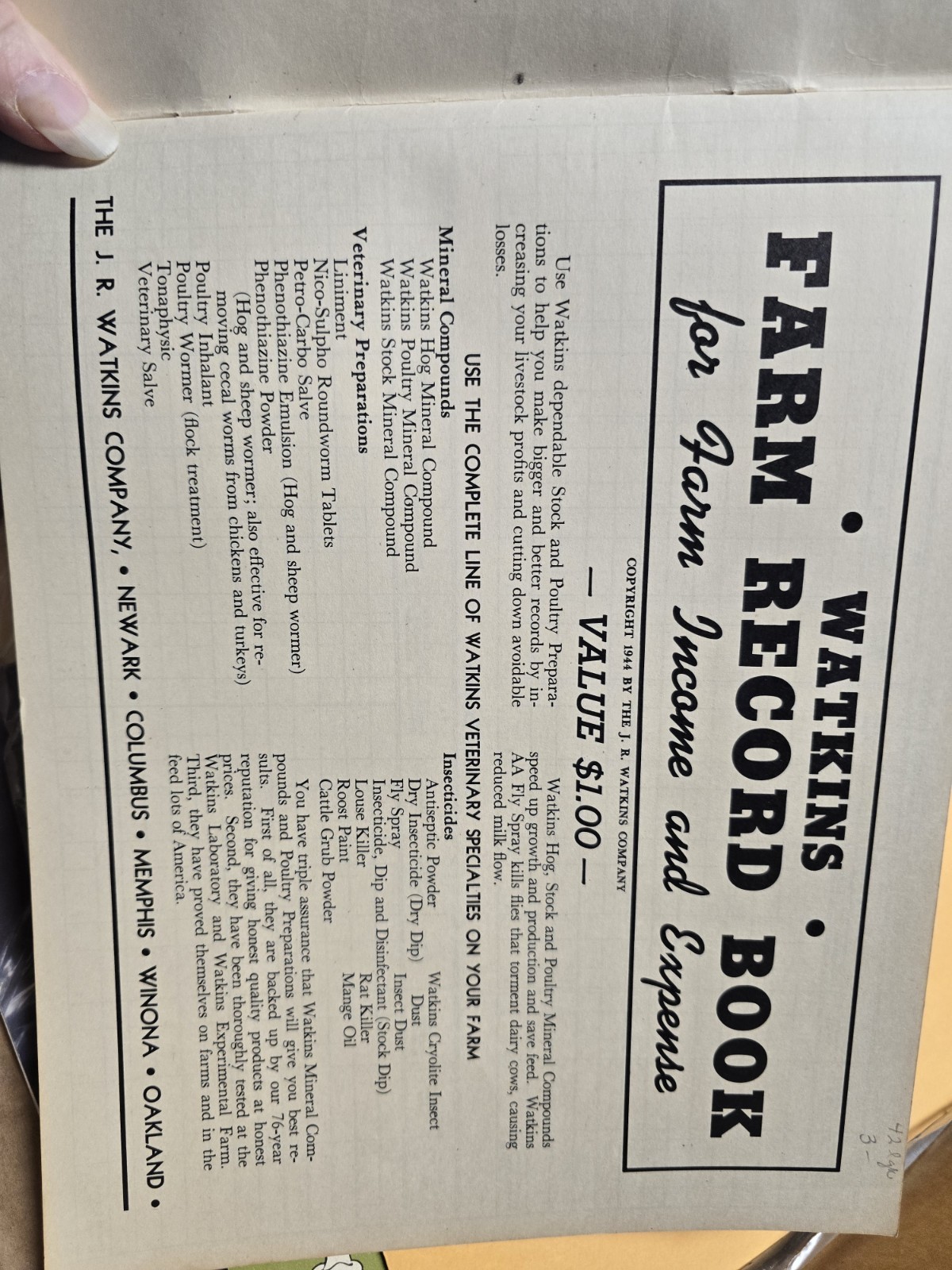 Vintage 1944 Watkins Farm Record Book ( Income & Expenses)