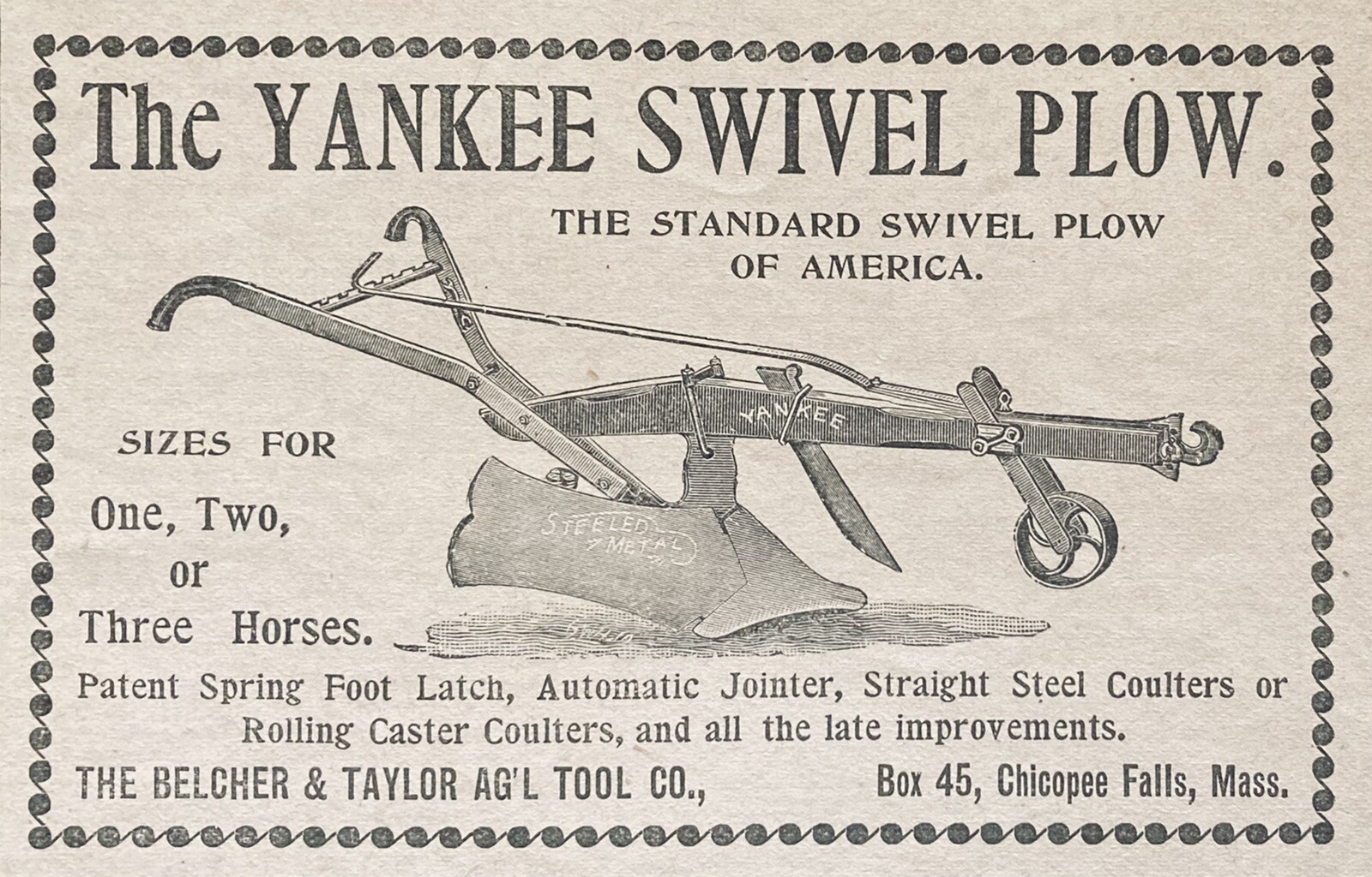 1896 AD.(XH44)~BELCHER & TAYLOR AG. TOOL CO. CHICOPEE FALLS, MASS. SWIVEL PLOW