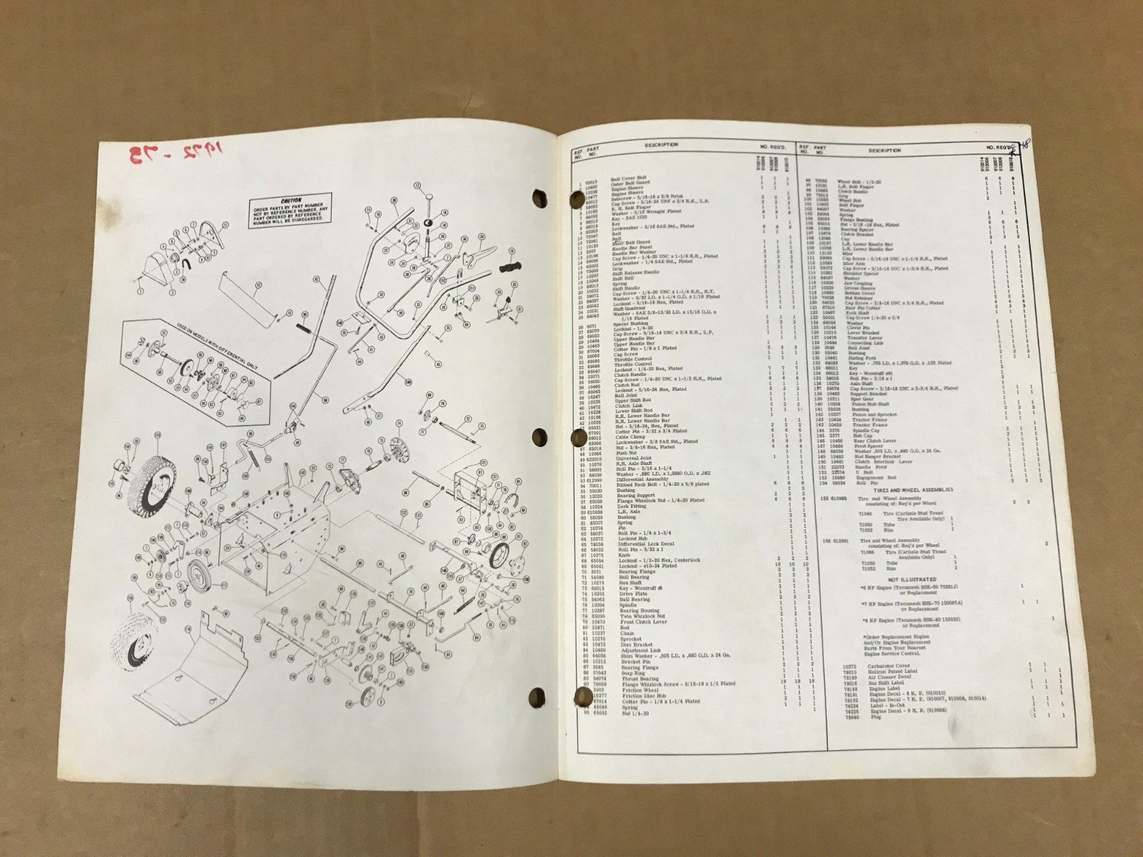 Vintage Ariens 6,7, & 8 HP Tractor & Sno-Thro Attachment Parts Manual